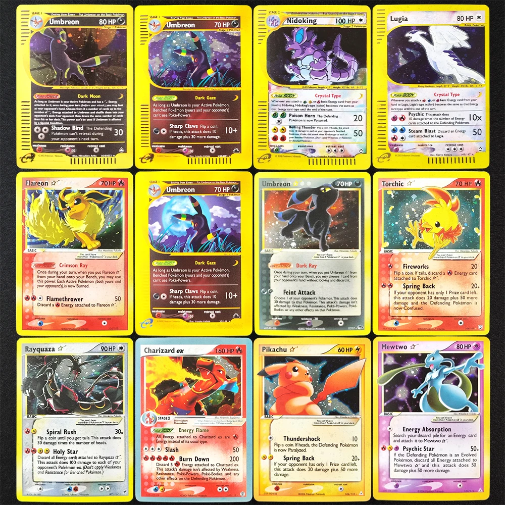 لتقوم بها بنفسك Proxy PTCG الإنجليزية Umbreon Charizard Rayquaza Lugia Mewtwo Pikachu Torchic Espeon الذهب ستار هواية جمع بطاقة فلاش لعبة