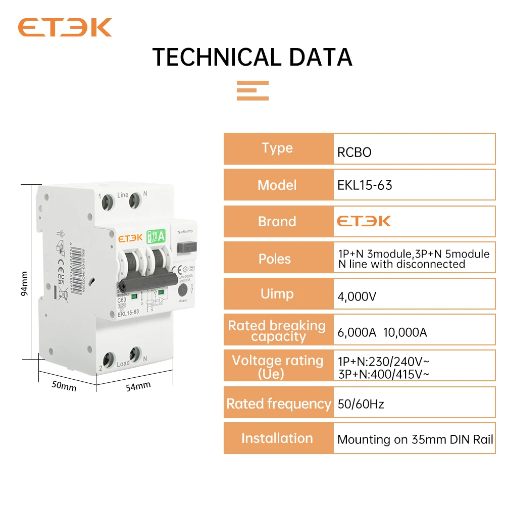 ETEC Atype RCBO 40A 63A Защита от перегрузки по току и утечки RCBO 6kA 2p Автоматический выключатель остаточного тока EKL15