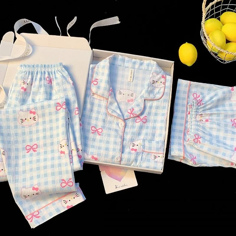 

Sanrio Hello Kitty Cotton Pajamas for Woman Summer Sleepwear Pant Shorts Short Sleeve Nightgown Cuteore Cartoon Pijama Home Suit
