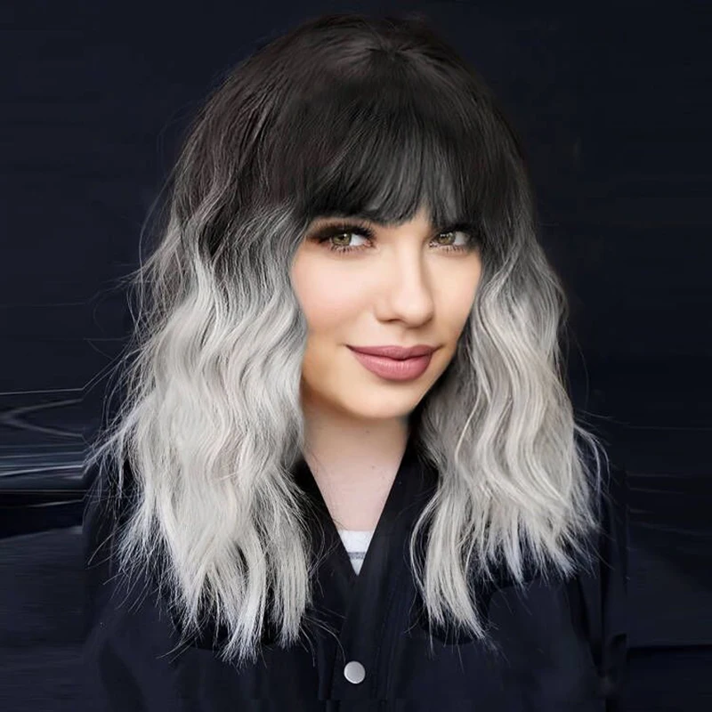 Synthetic Short White Silver Wigs for Women Ombre Grey Wavy Bob Wig with Bangs Medium Length Hair Water Wave Dark Roots Wig