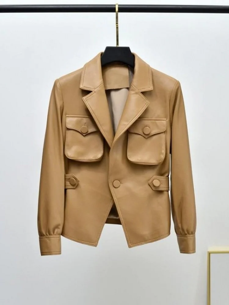 

2023 Office Ladies Sheepskin Genuine Leather Jacket Pockets Autumn Adjustable Waist One Button Suit Coat Loose Fit Short Women