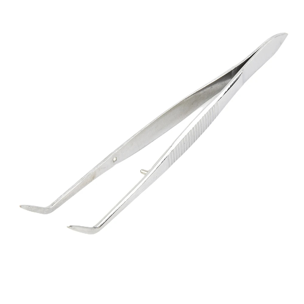Stainless Steel Bend Chuck Tweezers with Positioning for Dentistry Restoration, Curved Head for Precision Plaque Removal, 15.7cm