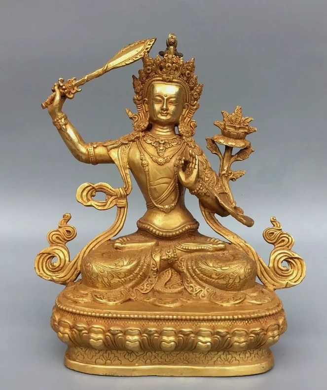 

8.8" old temple Tibetan Buddhism dynasty bronze gilt Bodhisattva Manjusri statue