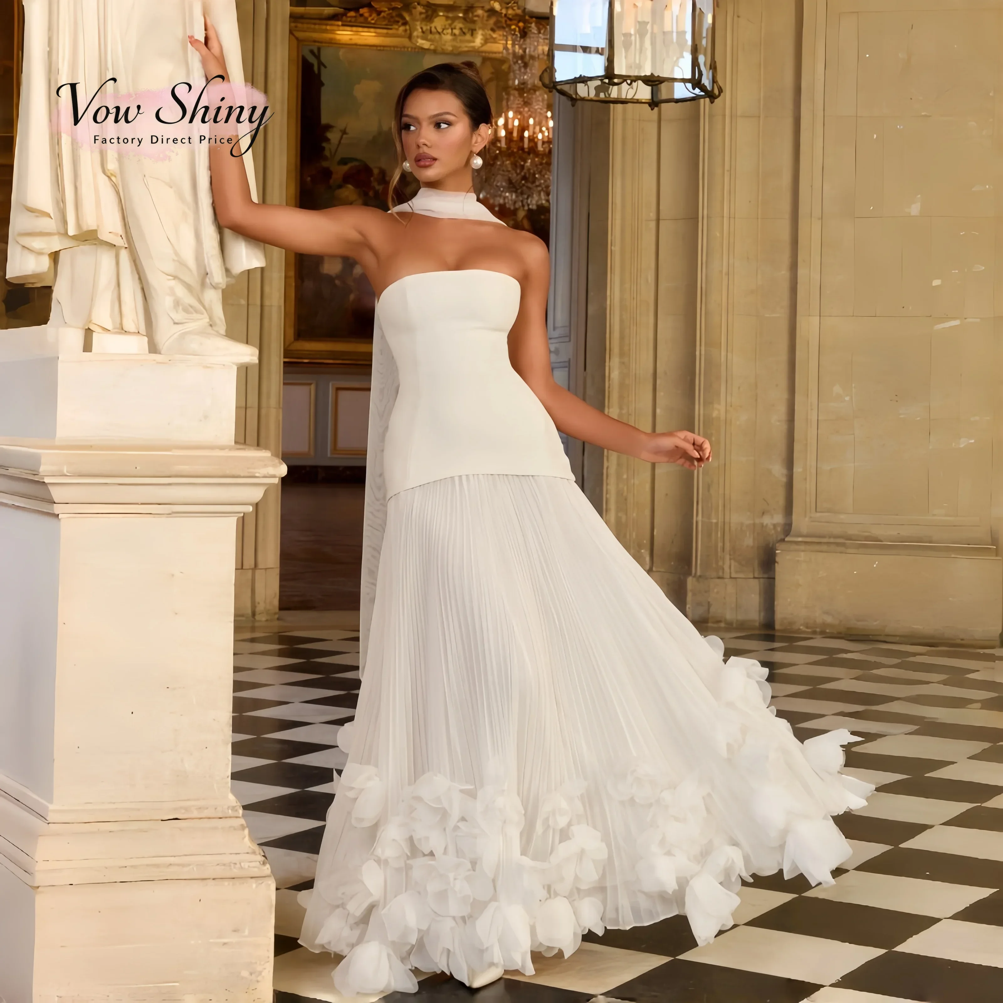 Vow Shiny Elegant Strapless Chiffon Wedding Dresses For Woman 3D Flowers Pleated A-Line Garden Bridal Gown Customized 2027