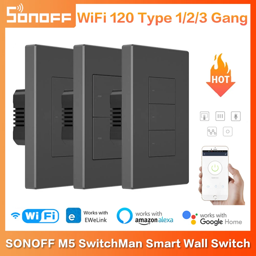 

Умный Wi-Fi переключатель SONOFF M5 SwitchMan, 120 дюйма, тип 1/2/3, настенный кнопочный переключатель eWelink, работает с приложением Alexa/Google Home/Alice