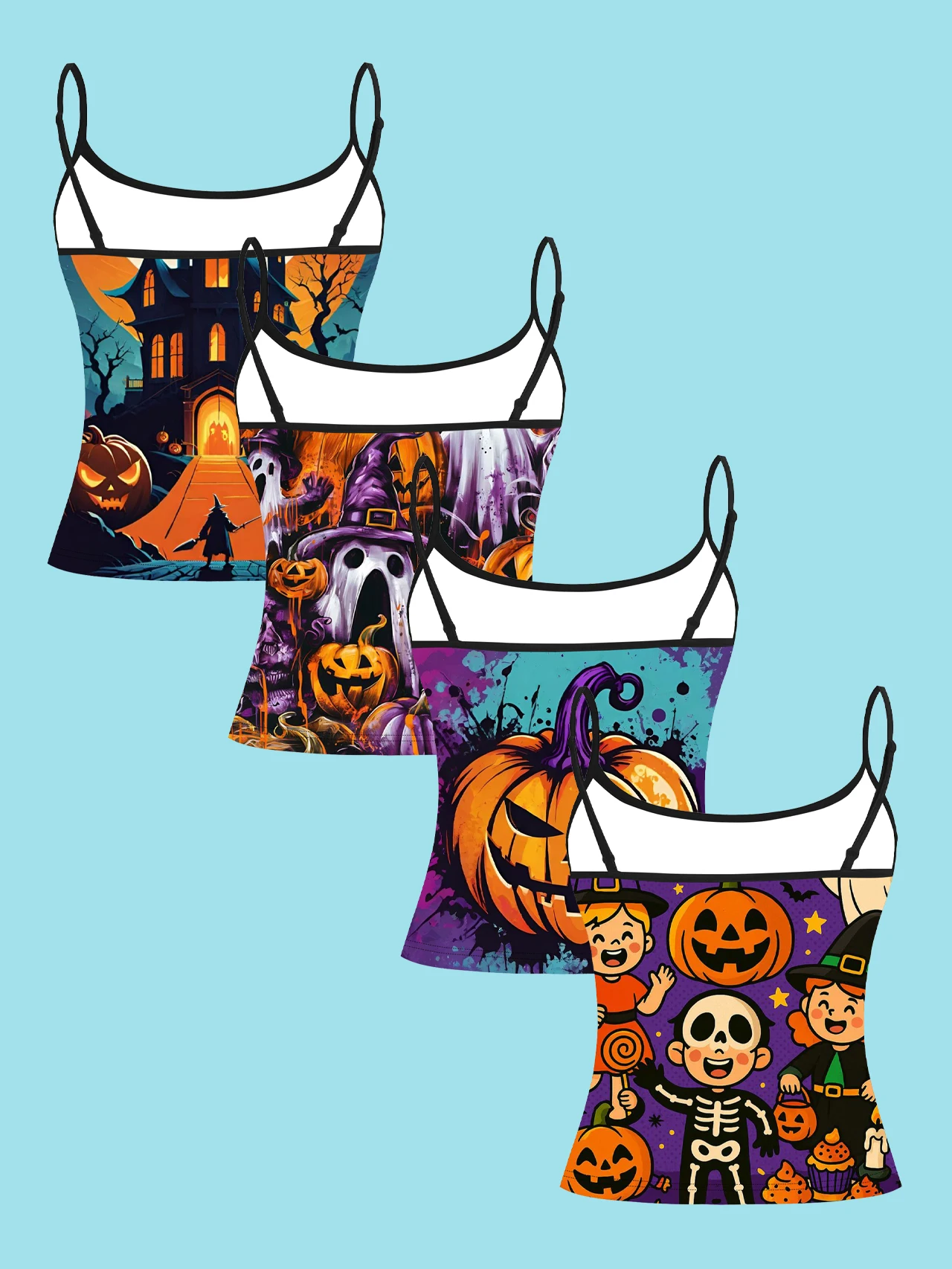 4-Piece Set of Halloween Haunted House Ghost Pumpkin Party Cartoon Women's Camisole Tops with Artistic Print, Slim-Fit Spaghetti Strap Short Camisole Tops