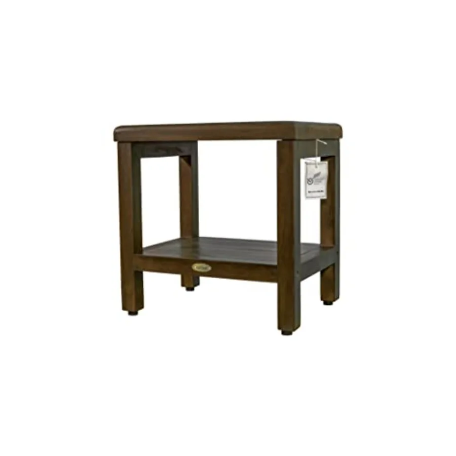 

18 Inch Brown Waterproof Teak Wood Shower Bench Stool Seat Chair for Inside Shower with Safety Storage and Organization Shelf f