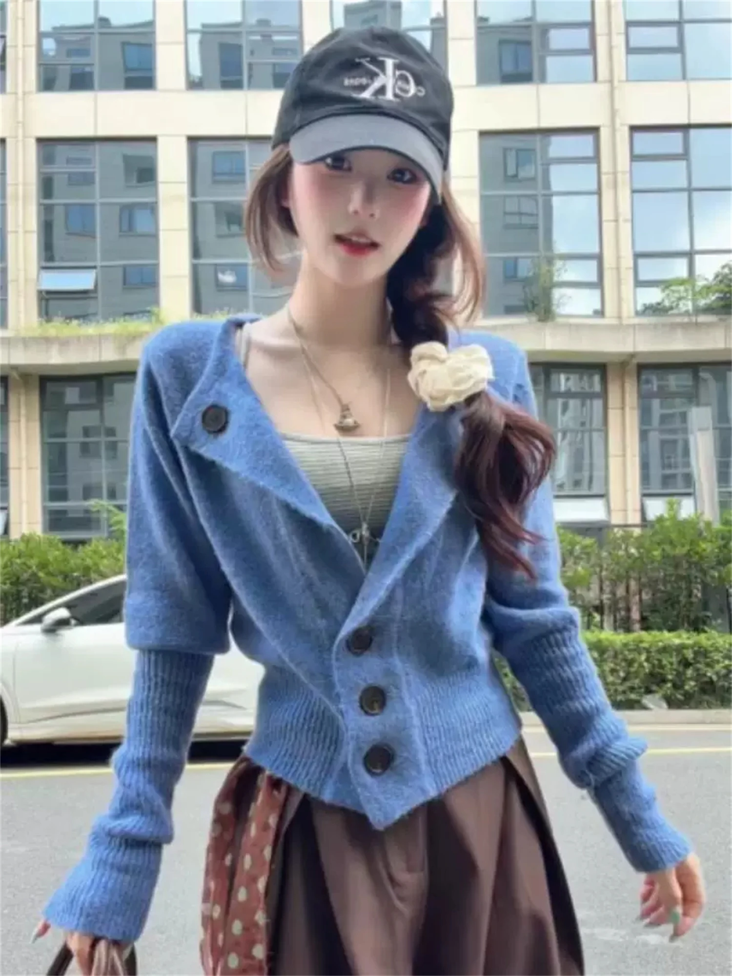 Vintage Preppy Blue Lapel Button Knit Cardigan Women Long Sleeve Slim Fit Cropped Retro Casual Streetwear Ladies Sweater