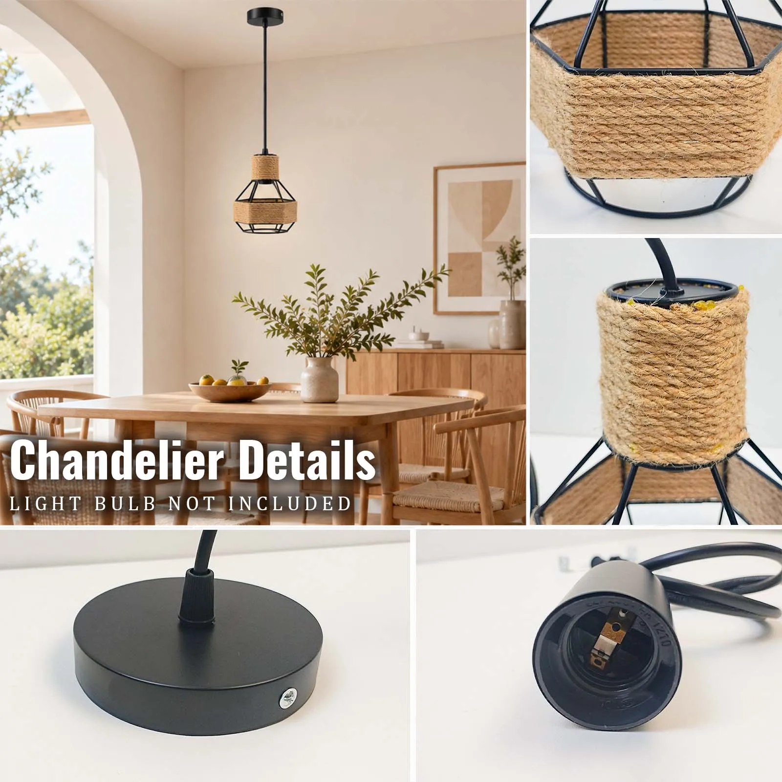 Pendant Light, Black Metal Geometric Cage, Jute Rope Woven, Diamond Hexagon, E27, Industrial, Dining Room Kitchen Island