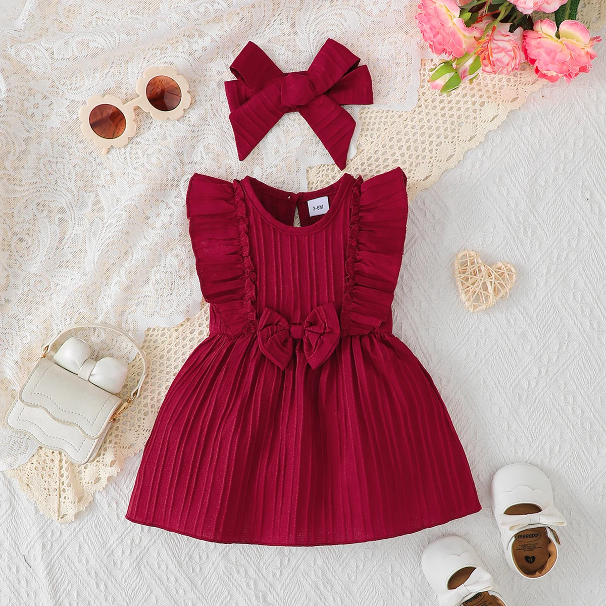 Newborn Baby Girl Dress Christmas Sleeveless Ruffled Bow and Headband for 0-24 Months Cute Baby Girl Summer Dress Baby Clothing