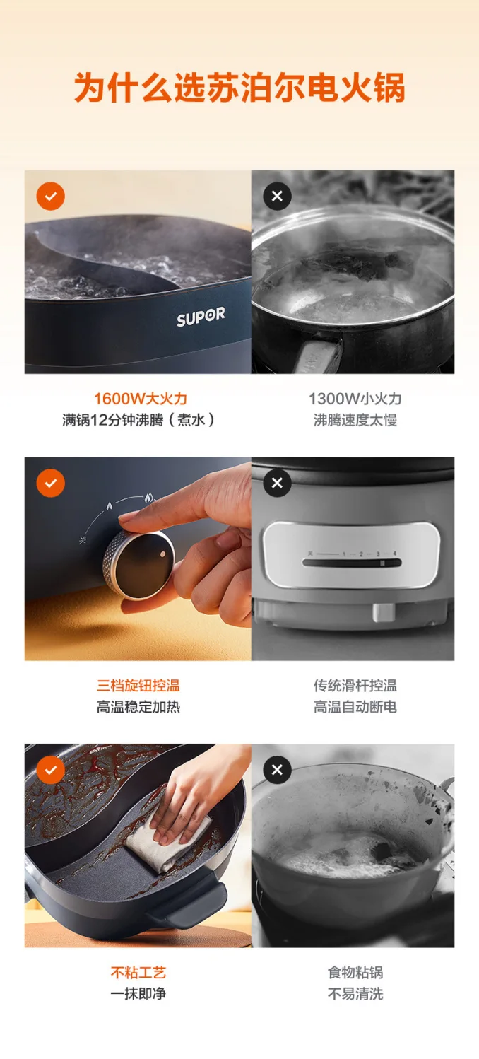 وعاء طبخ كهربائي متعدد الوظائف من Supor بسعة كبيرة، وعاء ساخن أوتوماتيكي، وعاء كهربائي منزلي