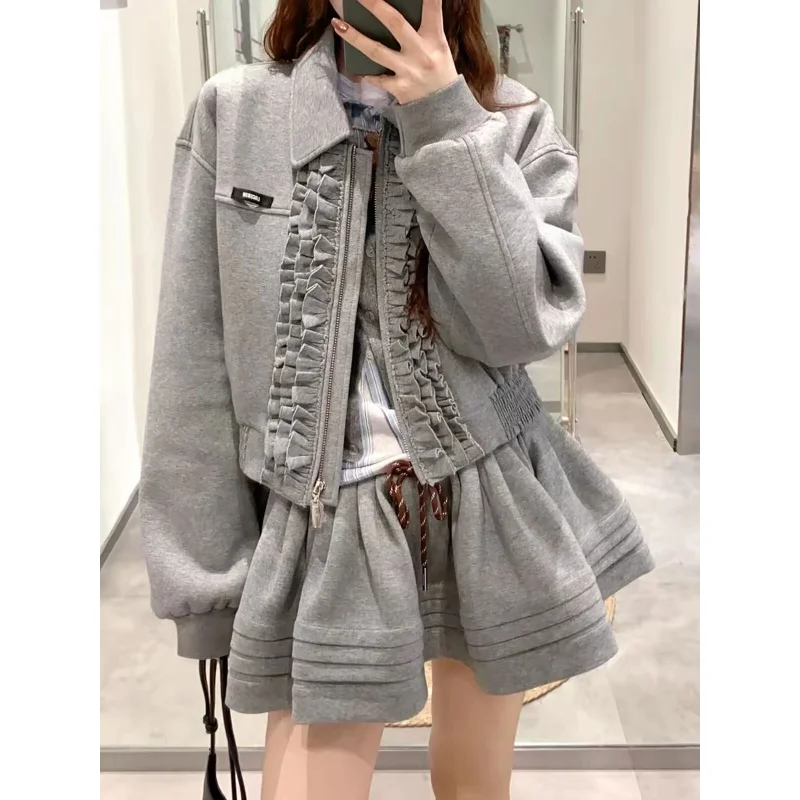 Women Gray 2 Piece Outfit Ruffle Zip Up Lapel Cropped Jacket Drawstring Pleated Skirt Set Casual Sweat Suit Streetwear Tracksuit