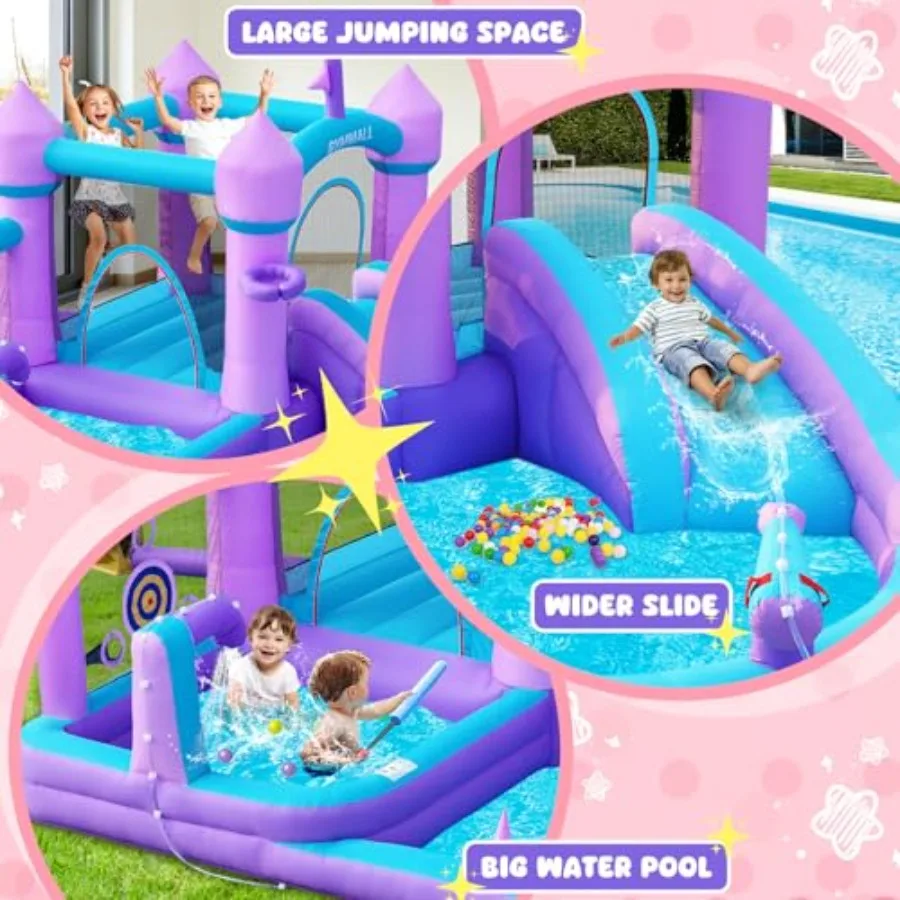 Water Bounce House with Slide for 3-8, Purple Inflatable Bouncy Castle 12.5 * 6FT with 480W Blower Jumping Space Ball Pit Swimm