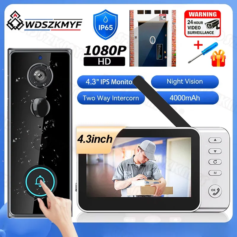 Doorbell Camera 1080P HD 4.2'' Screen 170° Wide Angle IP65 Waterproof PIR Motion Detection 2Way Audio Video Intercom for Home