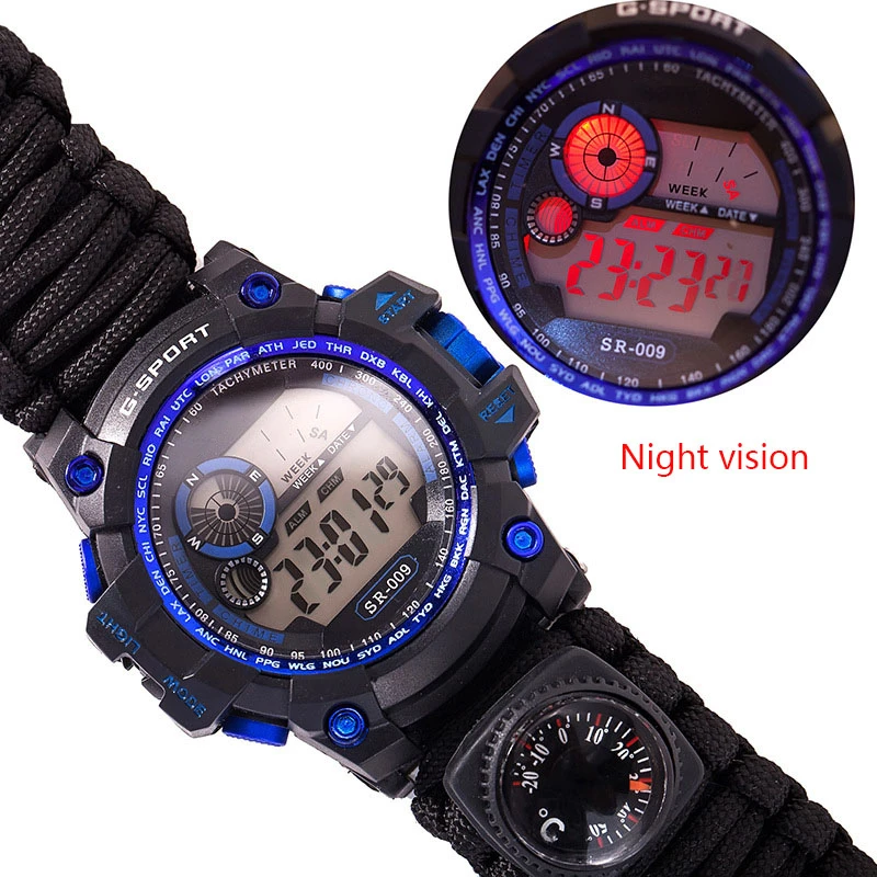 Outdoor Survive Watch Emergency with Night Vision Waterproof Paracord Knife Compass Thermometer Whistles First Aid Kits Hot