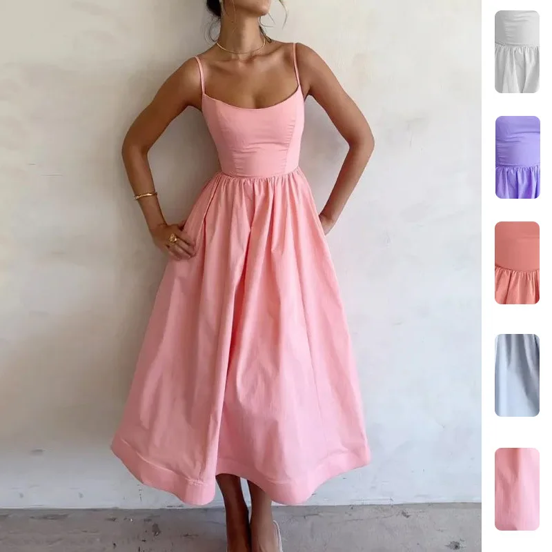 Spring 2026 Sexy Waist-Cinching Pleated  Color Maxi Strap Dress Women's New Fashion Cross-Border Dress A-Line Skirt