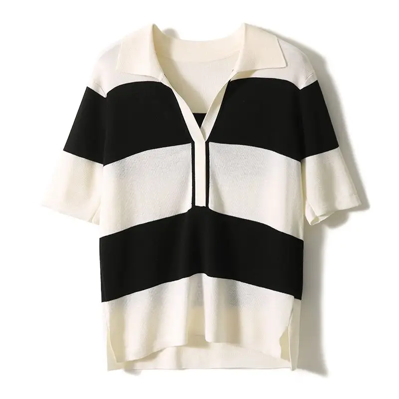 Temperament Sweet SummerT-Shirts Women's POLO Collar Striped Contrast Color Patchwork Fashion Casual Loose Short Sleeve Knit Top image 6