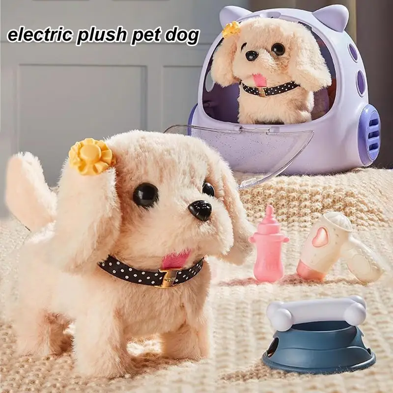 Juguete electrónico para perros y niños, conexión para caminar, mascota de peluche con mochila para mascotas, simulación de cachorro de peluche eléctrico con Kit de alimentación de lujo