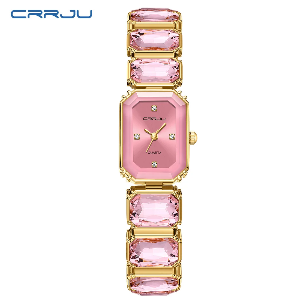 

CRRJU Золотые часы для женщин с маленьким винтажным браслетом, прямоугольным корпусом, римским циферблатом, роскошные женские часы с изящными бриллиантами