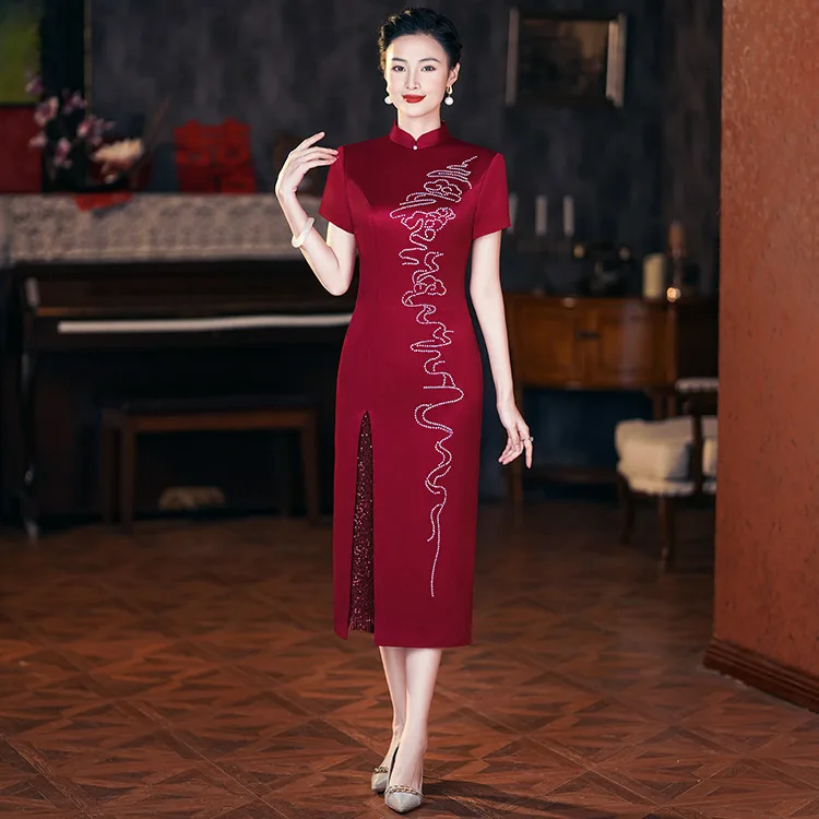 Yourqipao Short Sleeve Mother of The Bride Gowns Chinese Wedding Dress Vestido De Novia Robe Cheongsams Evening Dress A-Line