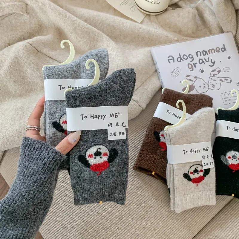 

Women's Socks Japanese Cute Cartoon Dog Red Hat Kawaii Harajuku Mid Tube Socks Winter Warm Thickened Soft Wool Socks For Girl