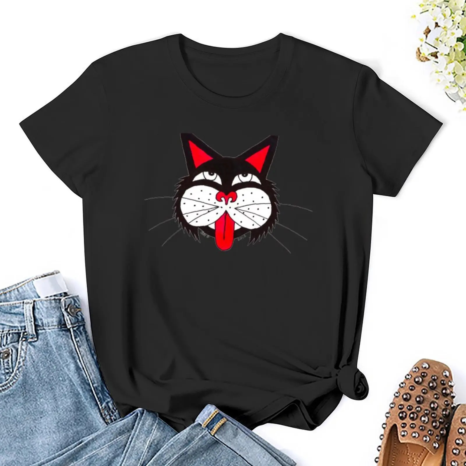 Cool Kitty- Art By Kev G T-Shirt female korean fashion plus size tops cute tops tshirts for Women