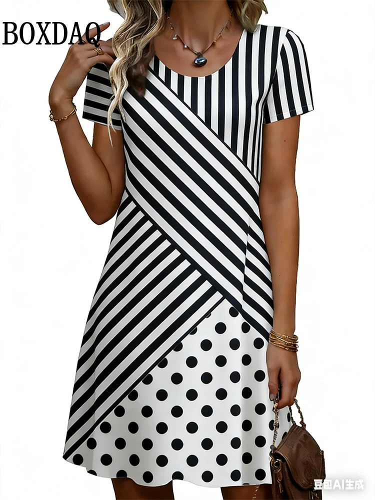 

2026 Summer New Women's Dresses 3D Striped Polka Dot Simple Printed Short Sleeve Dress Casual Fashion Plus Size Woman's Clothing