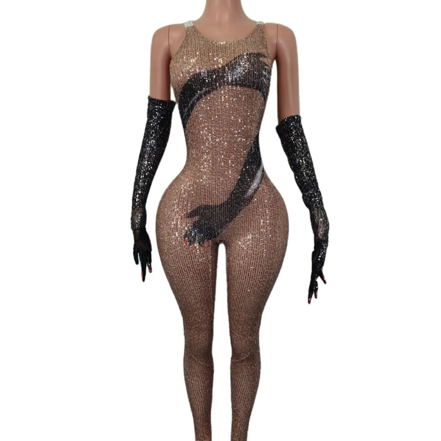 Black Gold Sequins Jumpsuit Drag Queen Costume Gloves Sexy Pole Dance Outfit Set Women Party Gogo Clothing Clubwear Heishou