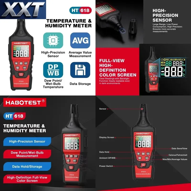XXT TTLTES HABOTEST HT618 Psicrómetro Digital, Termómetro, Higrómetro con Retroiluminación, Almacenamiento de Datos del Punto de Rocío y Valor Promedio