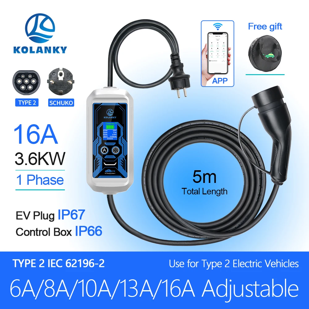 Kolanky EV Carregador para Veículos Elétricos, Smart Charging Time Wallbox, Carros Híbridos, Total 5m, Tipo 2, Tuya App Set, 16A, 3.6KW, 11KW, 32A, 7.2KW, Tipo 2