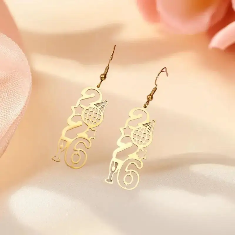 الحد الأدنى الفولاذ المقاوم للصدأ عدد 2026 قلادة إسقاط أقراط للنساء الرجال الذهب اللون ستار قرط على شكل قلب السنة الجديدة مجوهرات هدية