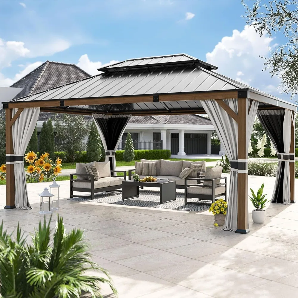 

Hardtop Gazebo, Wood Grain Finish Aluminum Frame Outdoor Gazebo with Galvanized Steel Double Roof, Metal Gazebo Canopy