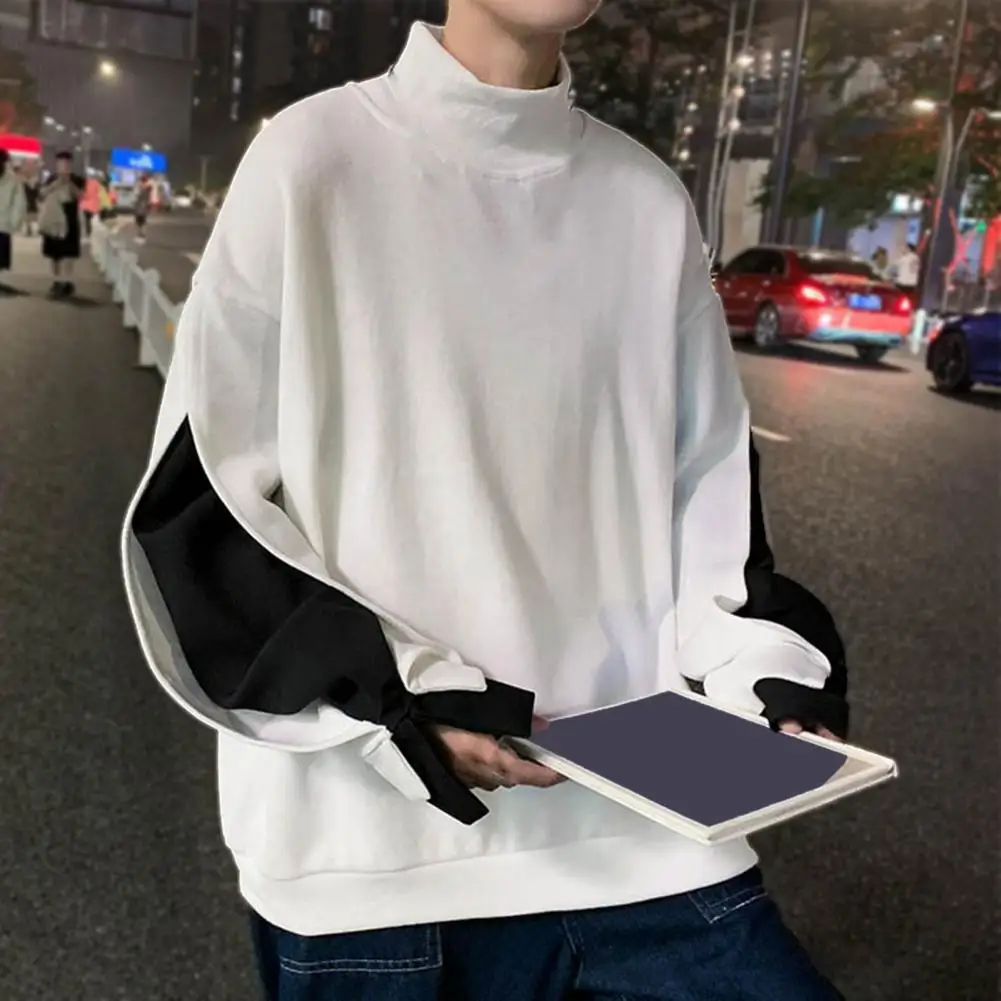 Men Fall Winter Sweatshirt High Collar Neck Protection Color Matching Patchwork Long Sleeve Loose Mid Length Soft Warm Casual St