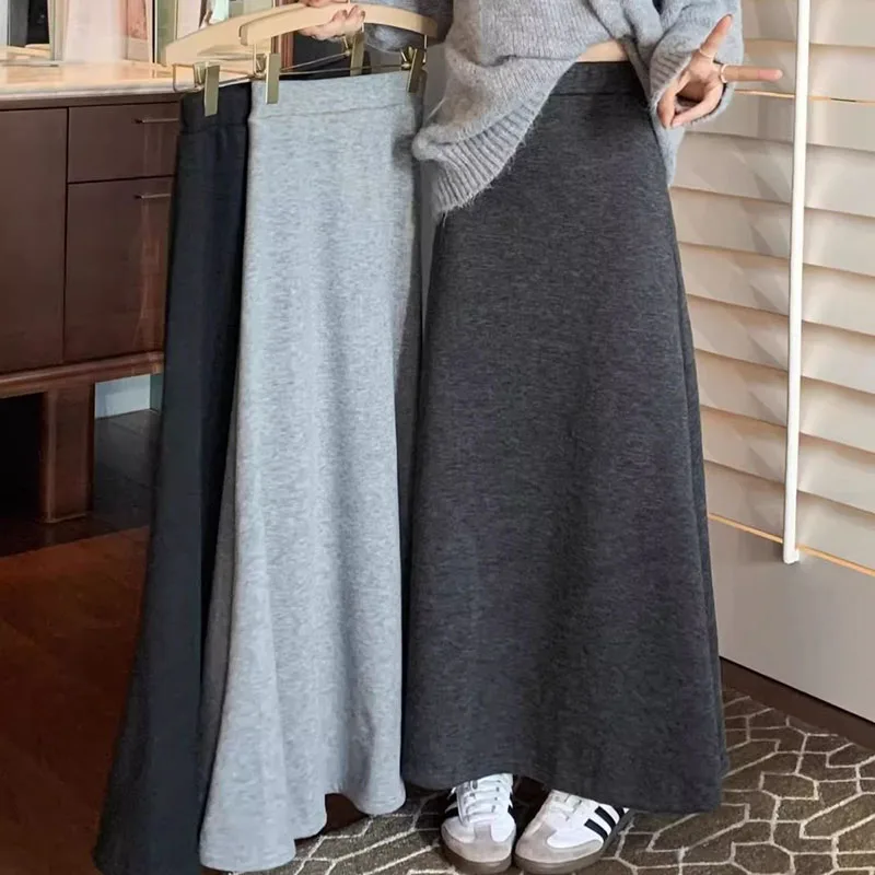 Winter Woman Plus Velvet Knitted Skirt Casual Ankle-Length High Waist Long Skirts Women Simple Solid Color Loose Skirt Ladies