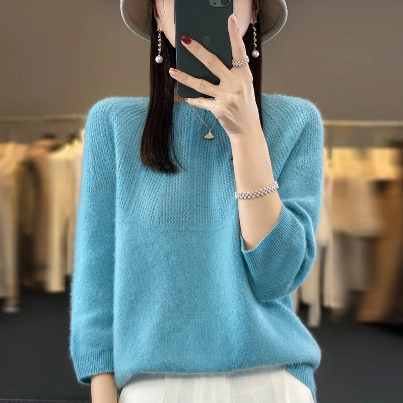 Spring and autumn new 100% pure sweater ladies cropped sleeves O-neck solid color high-end hollow cashmere knit pullover