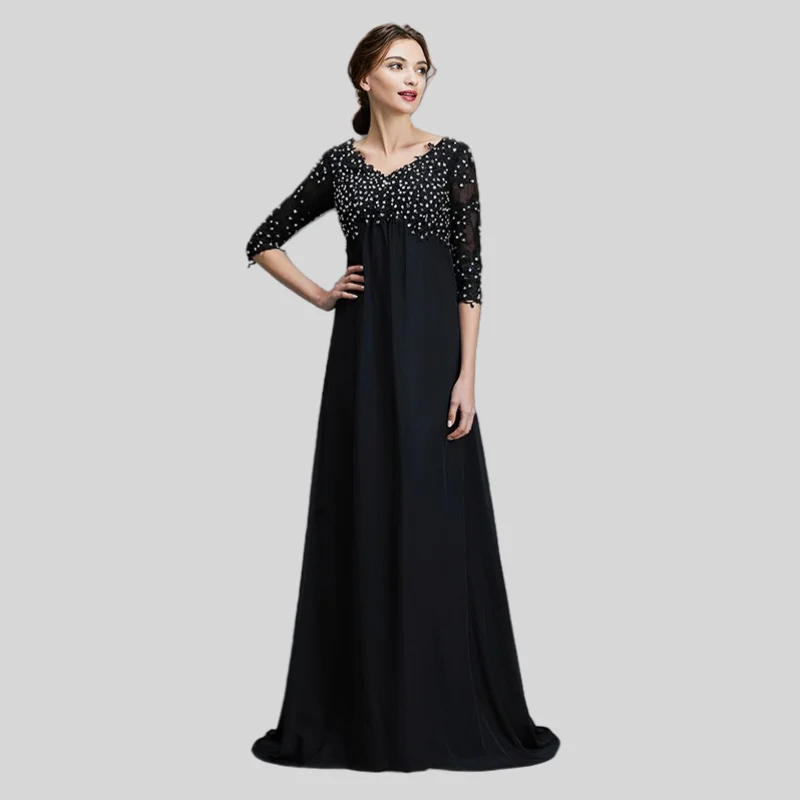 Black Mother Of The Bride Dresses A-line V-neck Half Sleeves Chiffon Beaded Plus Size Long Groom Mother Dresses For Wedding