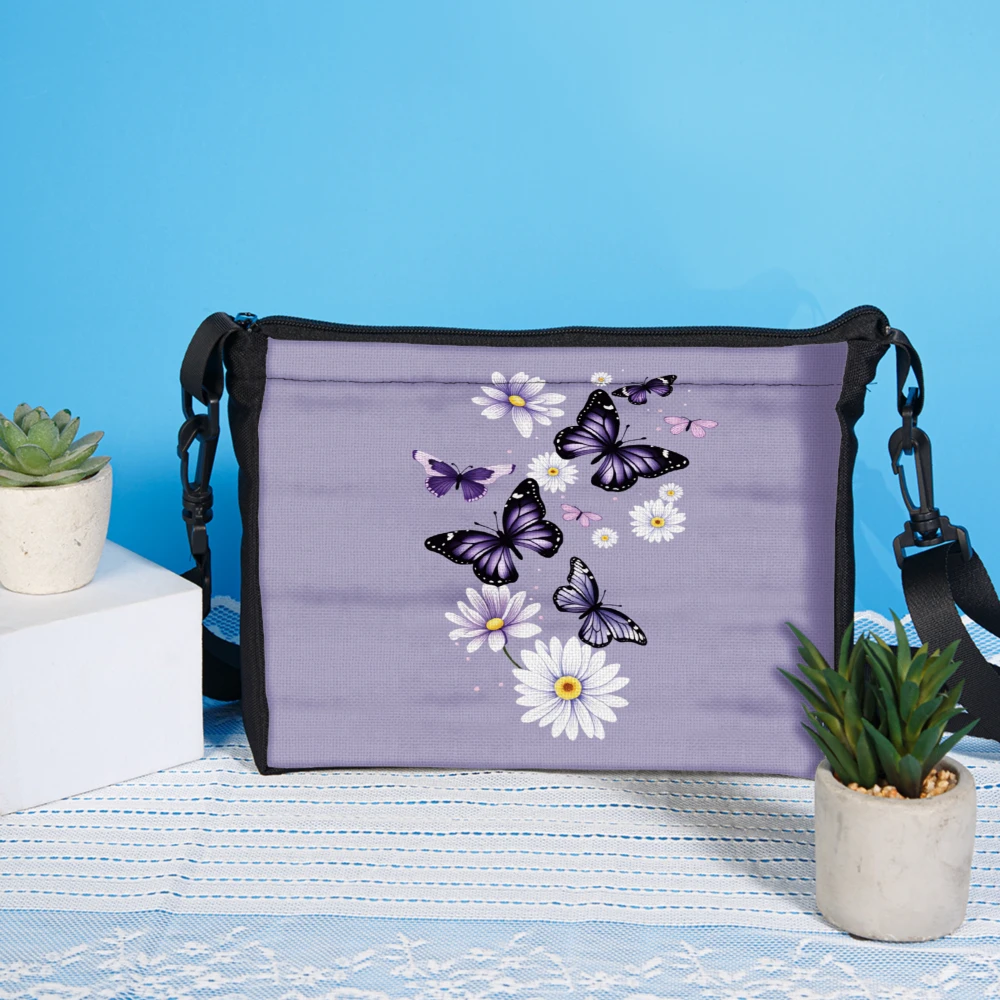 1pc Fashion Crossbody Bag Purple Butterflies And Daisies Print Shoulder Bags For Women Casual Daily Use Travel Shopping With Adj