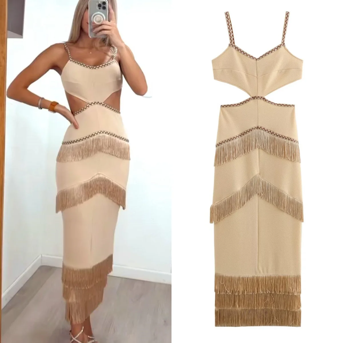 Chic Waist Hollow Tassel Splicing Maxi Dress Women\'s Sexy V-Neck Sleeveless Slip Dress Elegant Beach Wear Tank Top