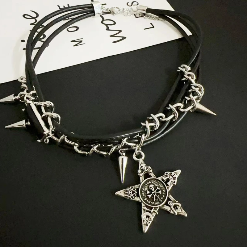 

Goth Rivets Choker Necklace Jewelry Leathers Rope Punk Star Necklace for Wome