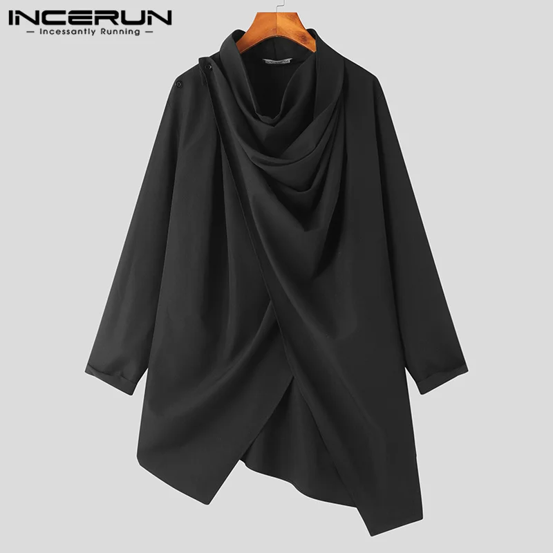 INCERUN 2023 Men Trench Solid Color Turtlneck Long Sleeve Streetwear Irregular Cloak Ponchos Men Punk Fashion Casual Coats S-5XL