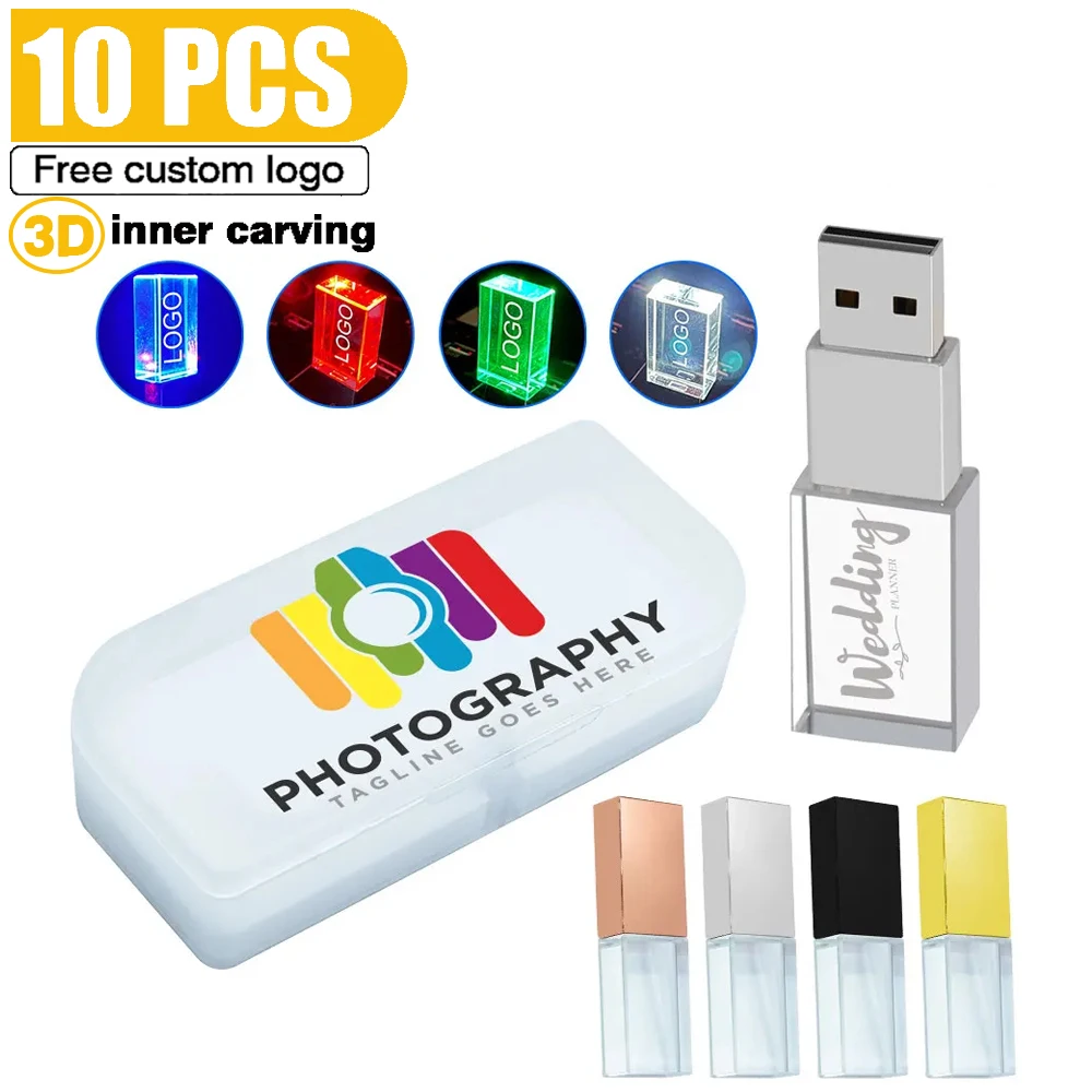 

10pcs/lot Usb 2.0 Crystal LED Light Flash Drive 8GB 16GB 32GB 64GB 128GB Pendrives Free Custom 3d Logo Capacity Usb Stick Gifts