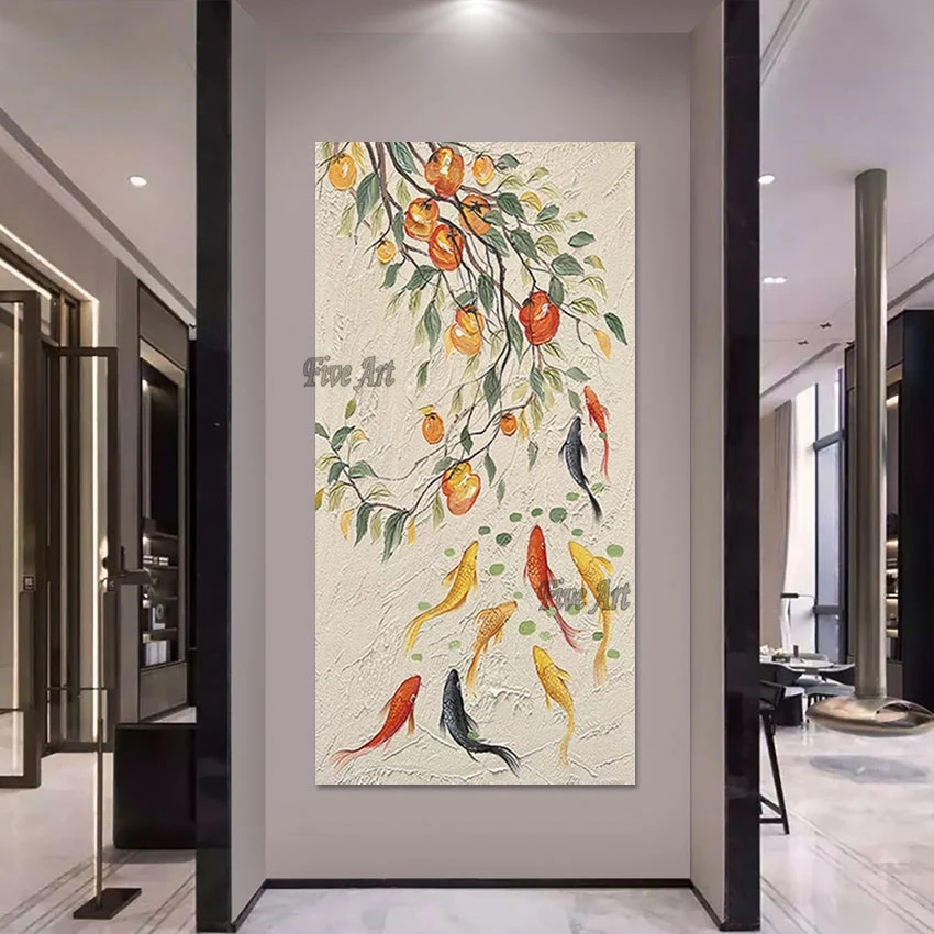 

Modern Custom Hand Painted Art Carp Animal Oil Painting Canvas Large Size Wall Art Picture For Hotel Luxury Home Decoration