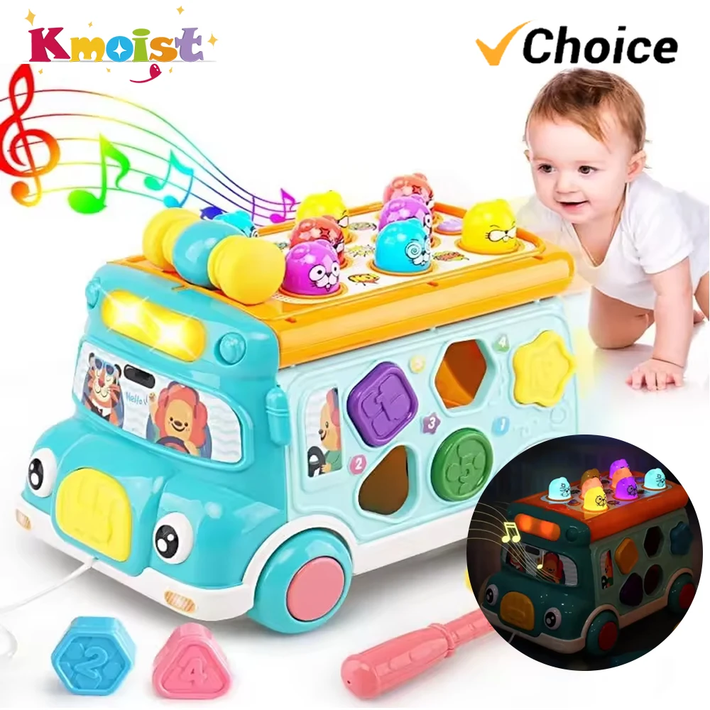 Musical Bus Toy with Geometric Block Set Multifunctional Plastic Educational Building Whack A Mole Game School Bus Toy for Baby