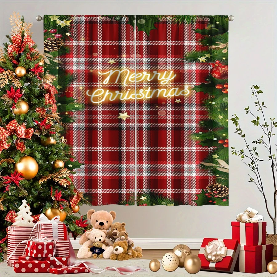 2PCS Christmas Winter Curtains, Plaid Merry Christmas Neon Pine Berry Red, Digital Print, Bedroom Living Room, Home Decor