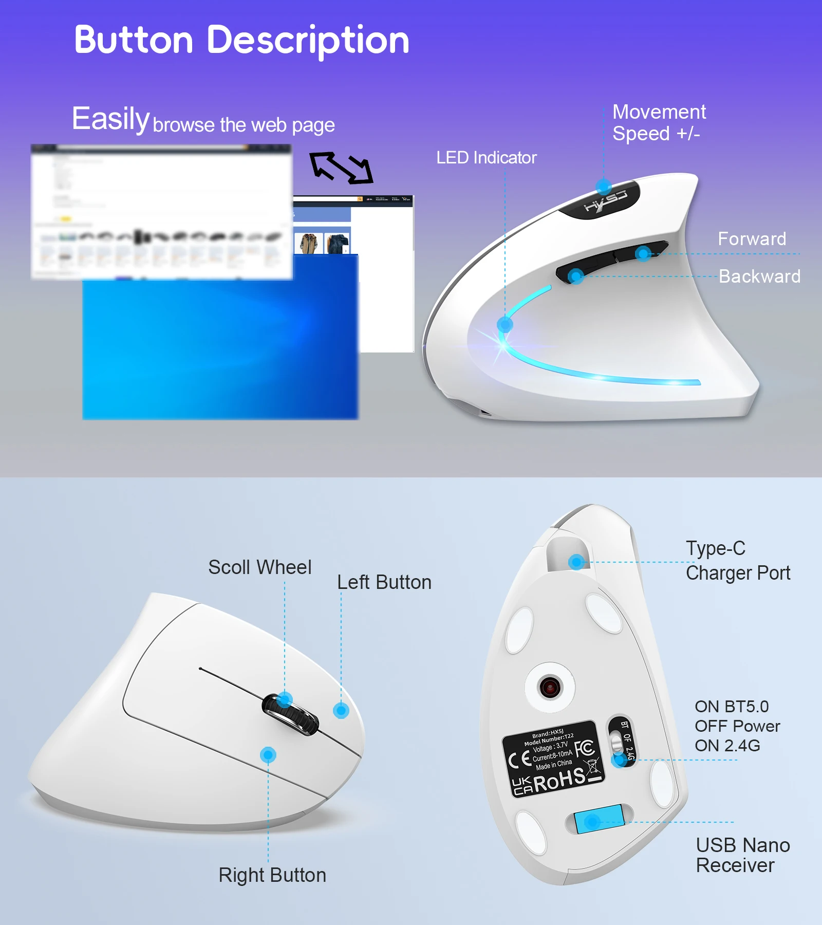 Silent Bluetooth Mouse Dual-mode Wireless Rechargeable RGB Vertical Ergonomics Mouse for iPad Samsung Tablet Computer Laptop - Image 5