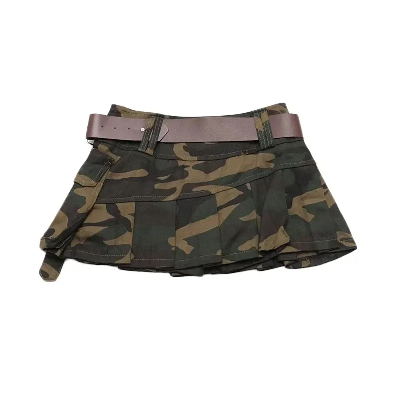 Fashion Camouflage Mini Pleated Skirt with Belt Women Hot Y2k Low Waist Streetwear Skirts Sexy Harajuku Skirt Shorts Goth 2025