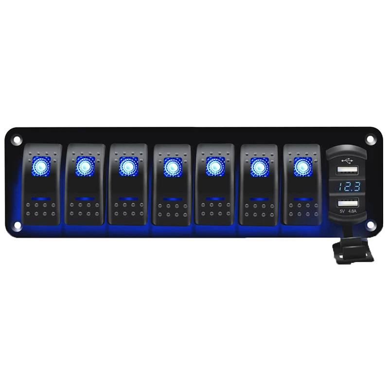 8 Gang Rocker Switch Panel Toggle Dash 5 Pin ON/Off Pre-Wired Rocker Switch LED Backlit 4.8 Amps USB Voltmeter