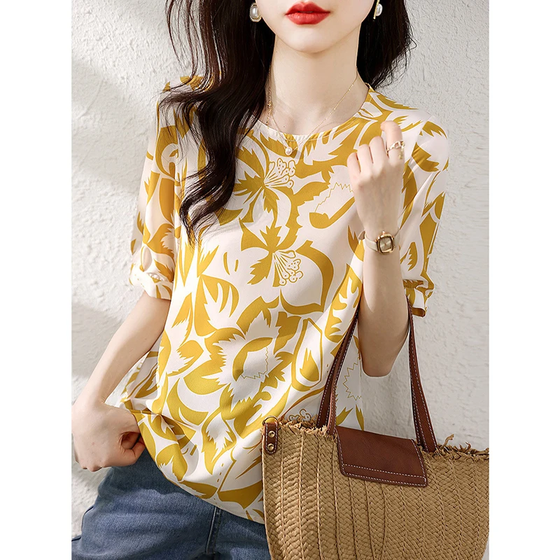 Elegant O-Neck All-match Printed Chiffon Blouses Women Clothing 2024 Summer New Loose Short Sleeve Chic Tops Sweet Shirts