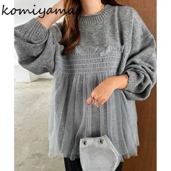 Patchwork Mesh Ropa Mujer Loose O-neck Roupas Feminina Long Sleeve Woman 2024 Tops Japanese Ins Sweater Autumn Winter Sueteres