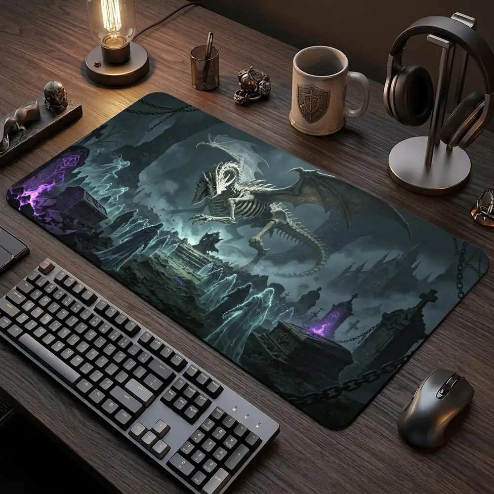 60X35cm Undead Dragon Necromancer Graveyard Play mat Large Table Mat with Stitched Edge Non-Slip Rubber Desk Pad for Card Gaming